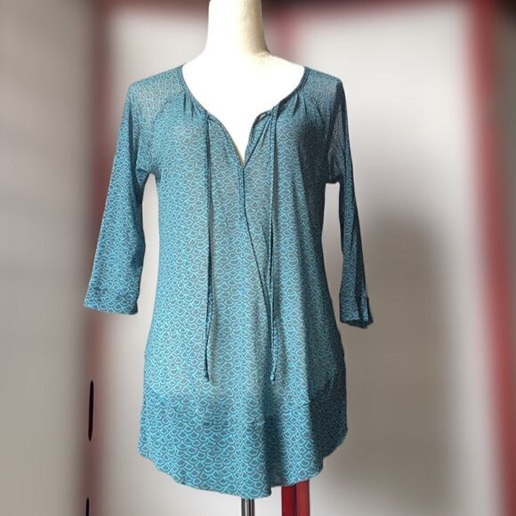 Anthropologie Weston Wear Blue & Grey Geometric Sheer Blouse (Small) - Picture 2 of 9